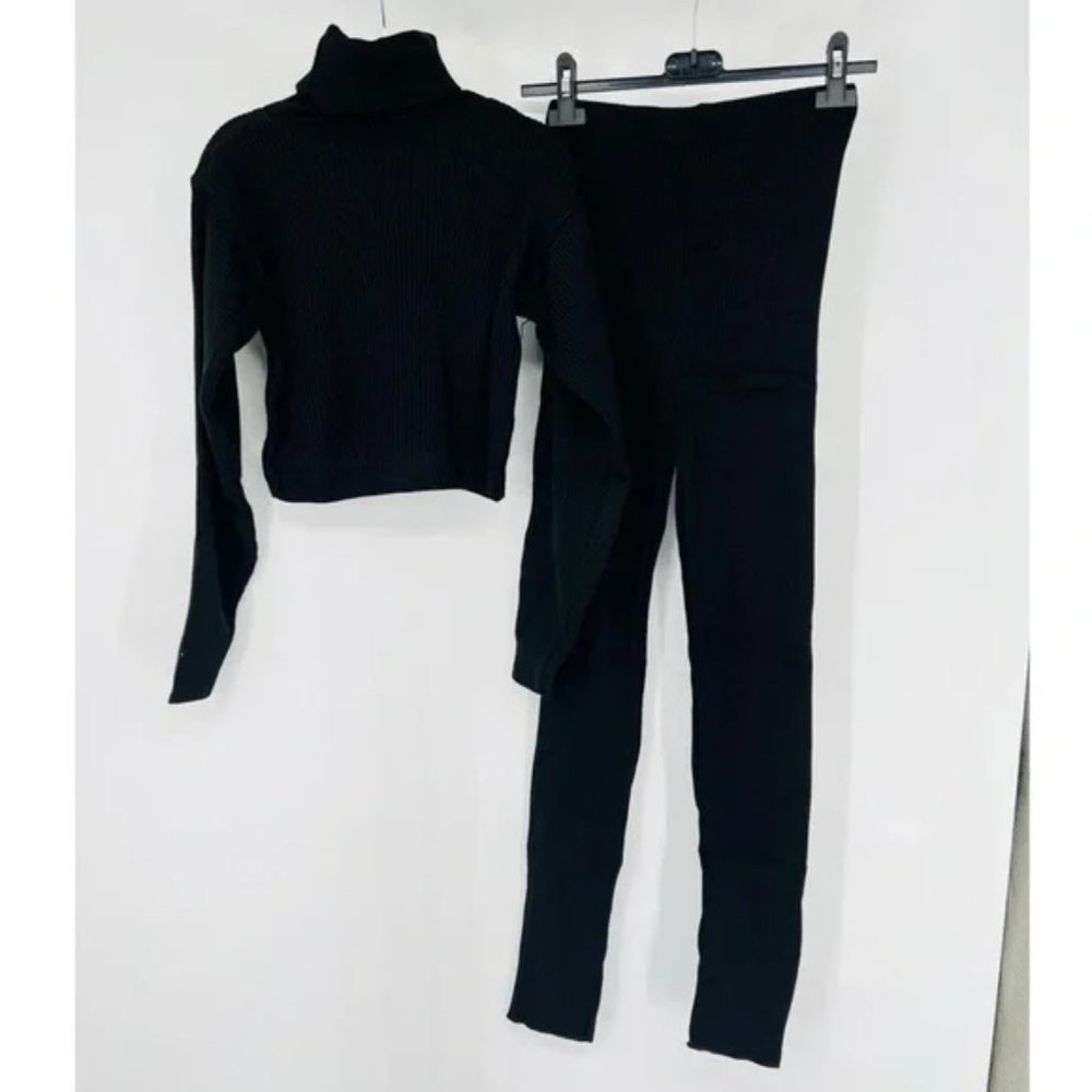 Black Knitted Long Sleeve Turtle Neck Sweater Crop Top and Pants Two Piece Set - Picture 15 of 17